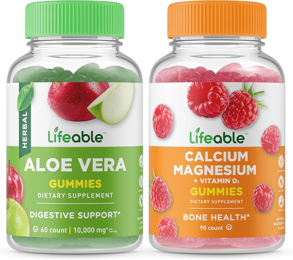 Življenjska Aloe Vera + kalcij Magnezij, Gummies Bundle - odličen okus, vitaminski dodatek, Gluten brezplačno, GSO brezplačno, žvečljivo