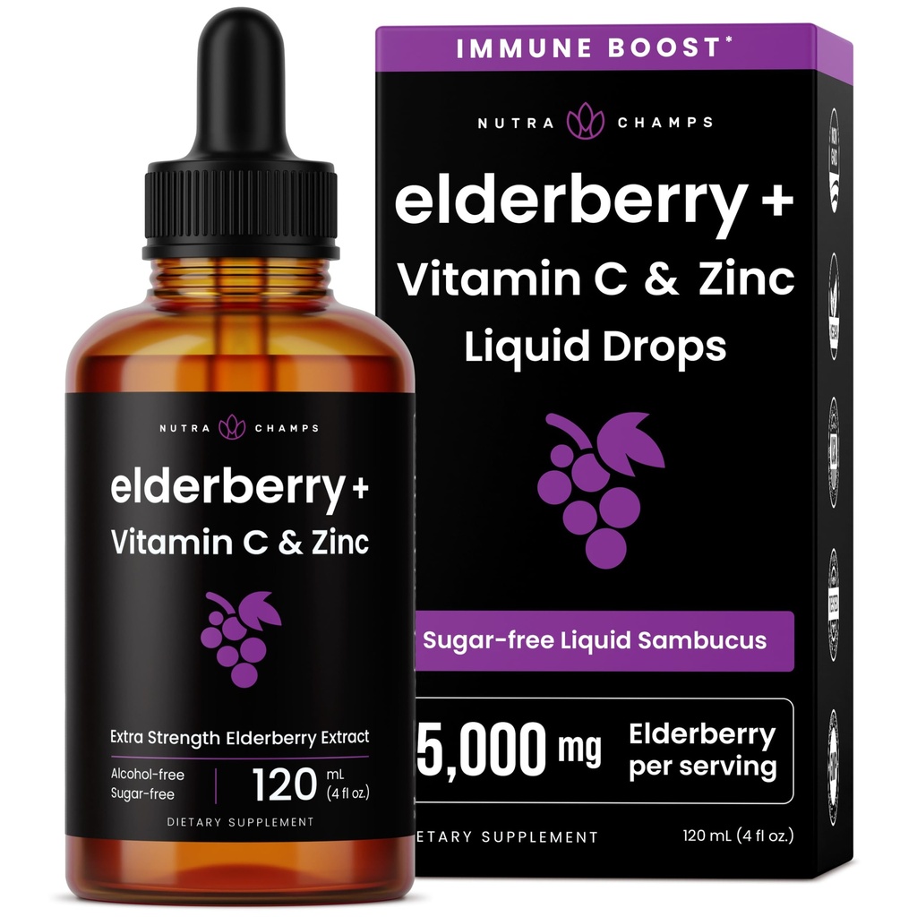 NutraChamps Organic Elderberry Syrup - 5000mg Elderberry Extract z vitaminom C in cinkom - črne Elderberry tekoče kapljice - Sugar-free Immunity Booster, Vegan, Gluten-free