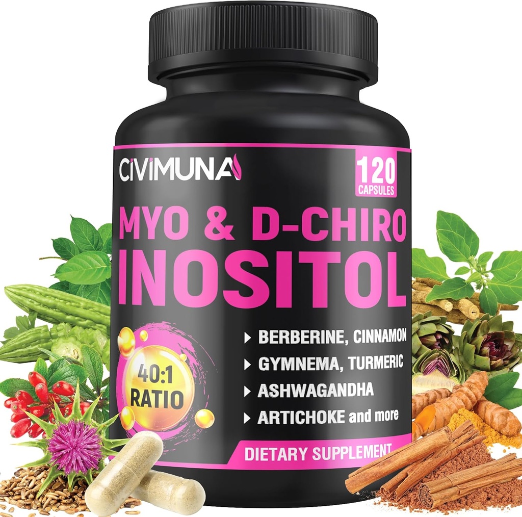 Inozitol dodatek - Myo-Inositol in D-Chiro Inositol Plus Ashwagandha, Berberine, Cimet in 5 Več - 120 kapsul