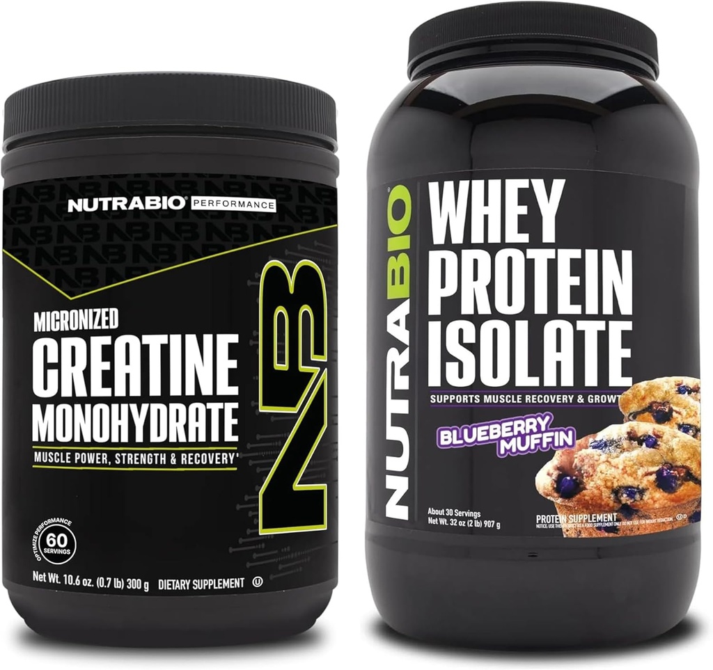 NutraBio Kreatin Monohidrat, brez arome, 300g in sirotkinega proteina izolat, borovnice Muffin, dodatek strdek - mišična energija, rast, okrevanje in moč