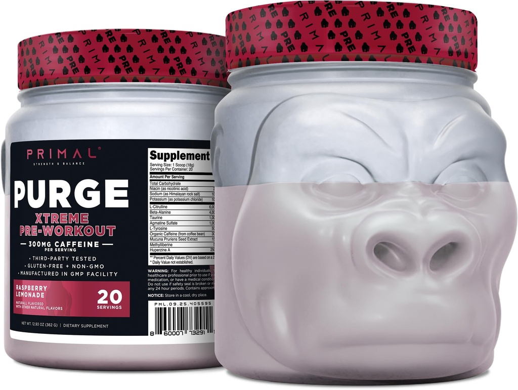 Primable Purge Xtreme Pre-workout (Raspberry Lemonade Flavor) (20 Servings) - Gluten-free + Non-GMO