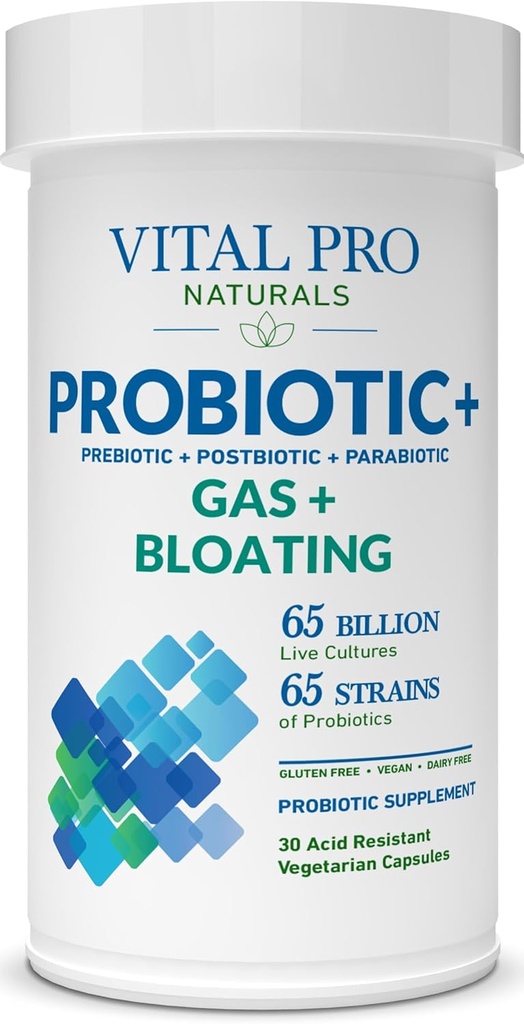 Zdravilo Vital Pro Naturals - gas & buating probiotiki + prebiotiki, postbiotiki, parabiotiki, 4-in-1 zdravstveni dodatek za odrasle, visoka potenca, 65 sevi, enkrat dnevno digestivna in imunske podpore, 30 ct