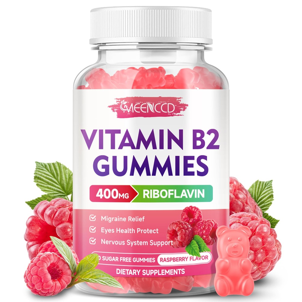 Vitamin B2 Gummies Riboflavin 400mg dodatek z magnezijem za otroke in odrasle, B2 Gummies za migrene Relief & živčni sistem podpora, Vegan, sladkor brez, Raspberry aroma, 60 Count
