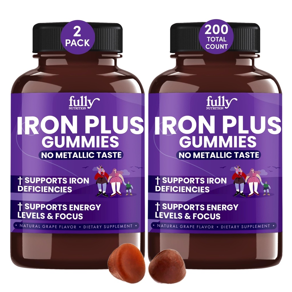 Železo Gumies dopolnila za odrasle (ženske, moški) in otroke – grozdni okus- podpira anemijo, energije in fokus ravni – 200 Count