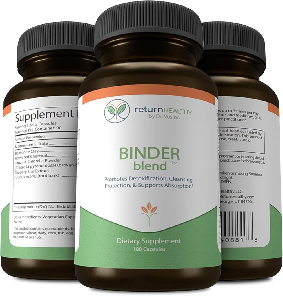 Binder mešanica - Toxin Binder dodatek, Detox kapsule za zdravo Gut - 180 Kapsule - 90 Serving - 960mg Aktiviran Charcoal & 480mg Organska Klorella - Bloating Relief - Bentonit Clay, 3 pakiranje