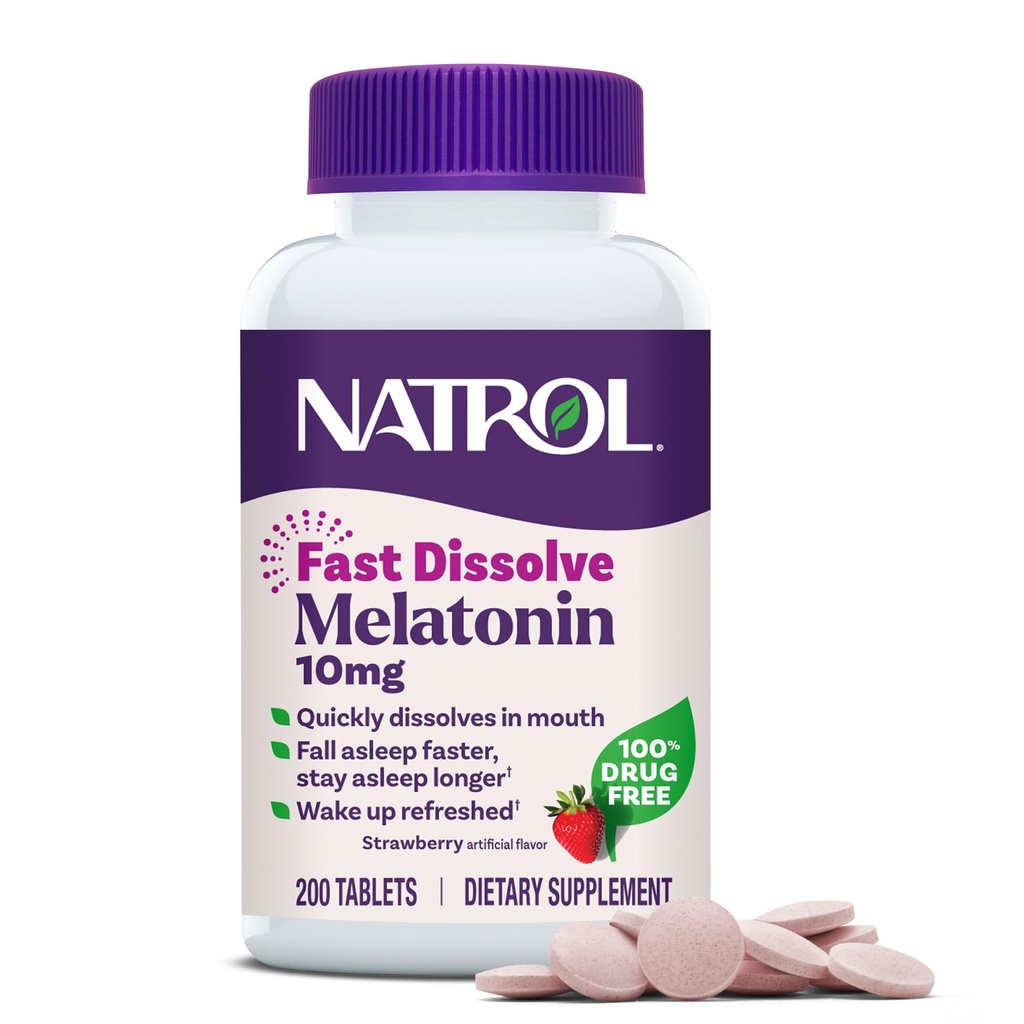 Natrol Melatonin 10mg Hitre raztapljajoče tablete - Jagodna aroma, 200 Štetje, podpora za spanje, hitro raztapljanje melatonin za odrasle, 200-dnevna oskrba