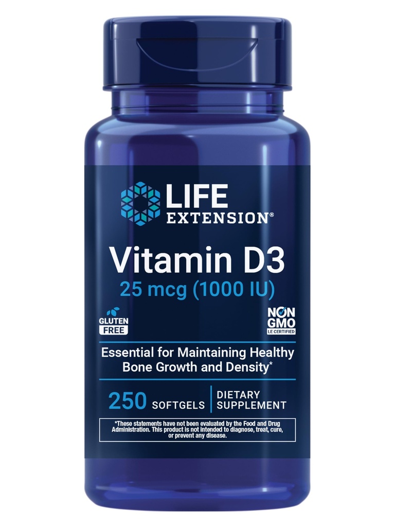 Life Extension Vitamin D3 25 μg (1000 i.e.), Podpora imunskemu sistemu, zdravje kosti, zdravje celega telesa, velikost vrednosti, brez glutena, ne-GMO, 250 mehkih gelov