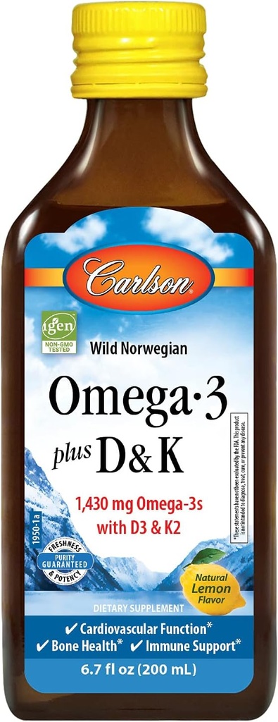 Carlson - Omega-3 + D & K, 1430 mg omega-3s, 2000 i.e. (50 μg) D3, 90 μg K2 kot MK-7, zdravje srca, podpora kostem, limona, 200 ml