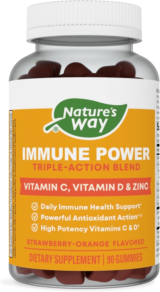 Naravna pot Imunska moč, trojna akcija Imunska podporna mešanica*, vitamina C in D, cink, jagodno-oranžna aroma, 90 gumijev