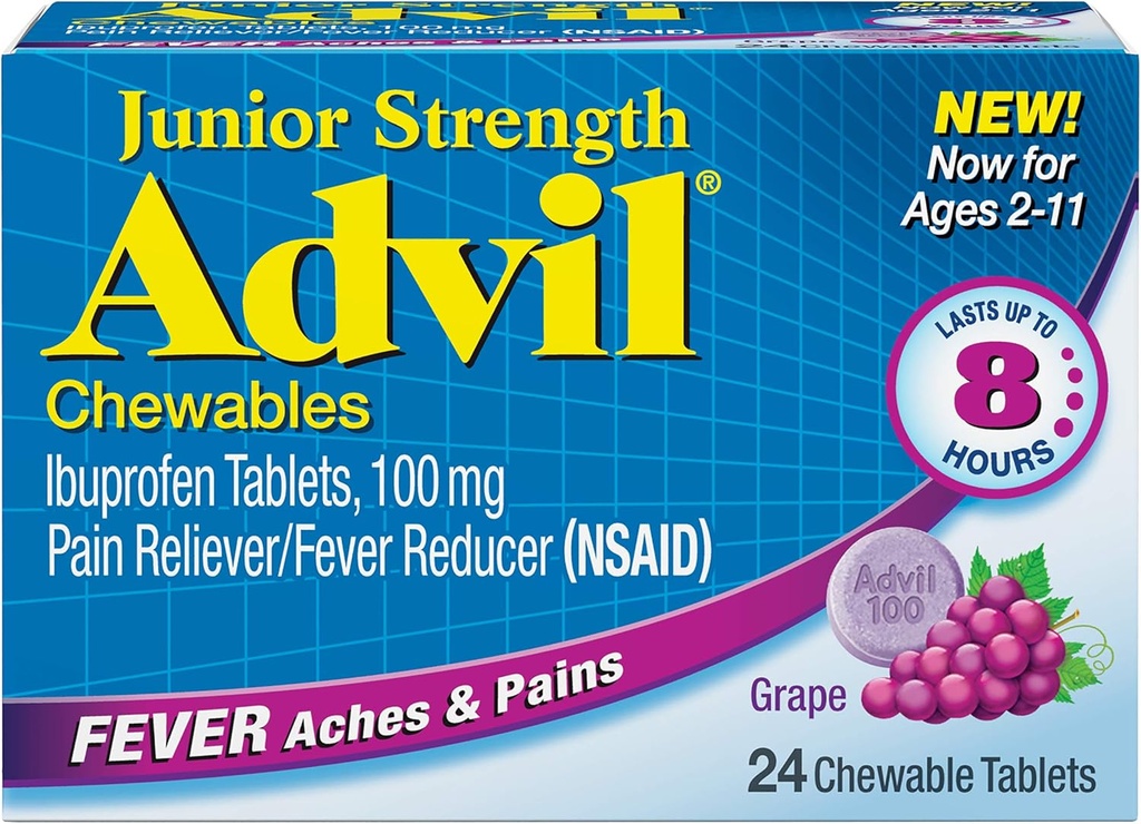 Advil junior žvečljive tablete ibuprofen, grozdje 100 mg, 24 tablete vsak (pak po 6)