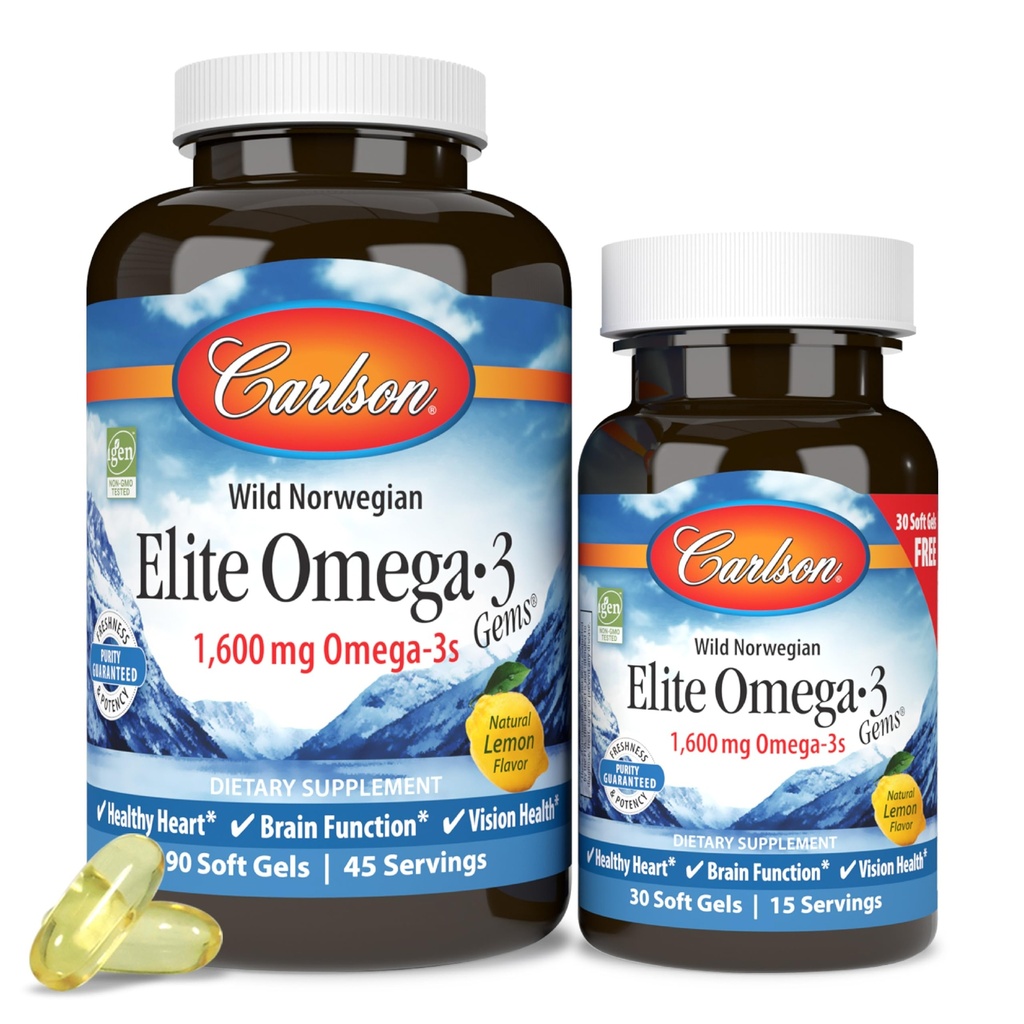 Carlson - Elite Omega-3 Gems,1600 mg Omega-3 Maščobne kisline Vključno z EPA in DHA,Norveška, Wild-catch ribje olje dodatek,Trajno izvorne kapsule, Lemon, 90+30 Softgels