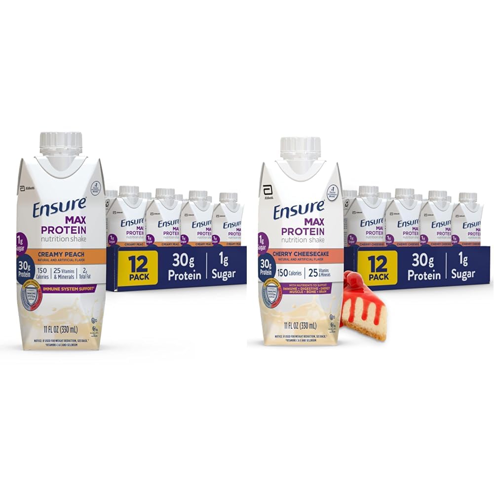 Zagotovite Max Protein Nutrition Shake s 30g proteini, 1g sladkorja, High Protein Shake, Creamy Peach and Cherry Cheesecake Variety Pack, 11 fl oz, Pack po 12