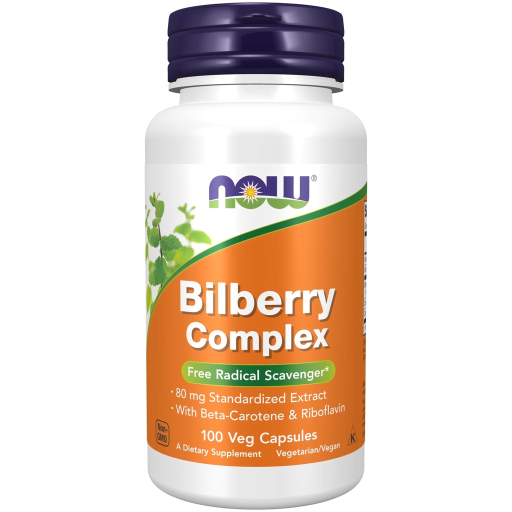 NOW Foods Supplements, borovnica (Vaccinium mirtillus) Complex 80 mg z beta-karoten in riboflavin, 100 Veg kapsule