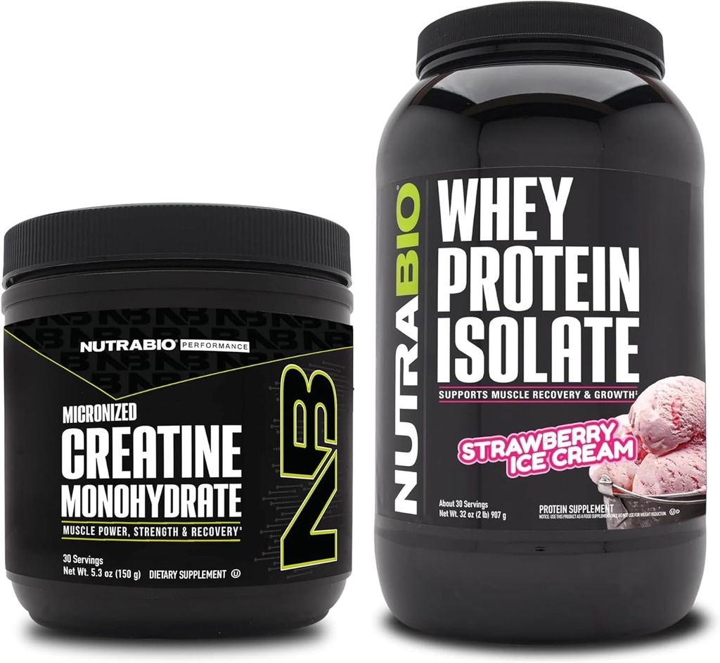 NutraBio Kreatin Monohidrat, brez arome, 150g in sirotkinega proteina izolat, Jagodna sladoledna krema, dopolnilo - mišična energija, rast, okrevanje mišic in moč
