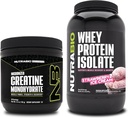 NutraBio Kreatin Monohidrat, brez arome, 150g in sirotkinega proteina izolat, Jagodna sladoledna krema, dopolnilo - mišična energija, rast, okrevanje mišic in moč