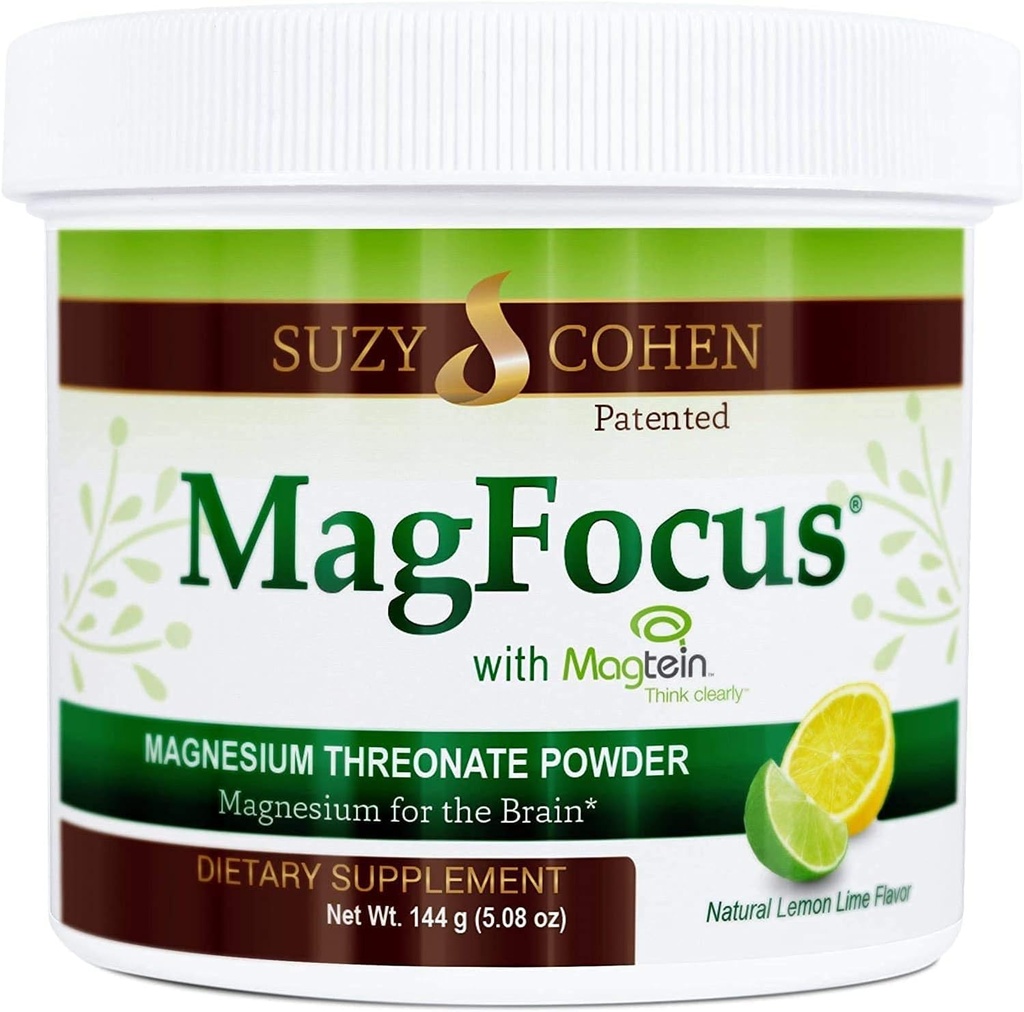 Suzy Cohen MagFocus Magnezij Treonat v prahu prehranska dopolnila 200mg, zdravo živec, podpora kognicija, energija, zdravje kosti, Stevia, Lemon Flavor, 60 Servings