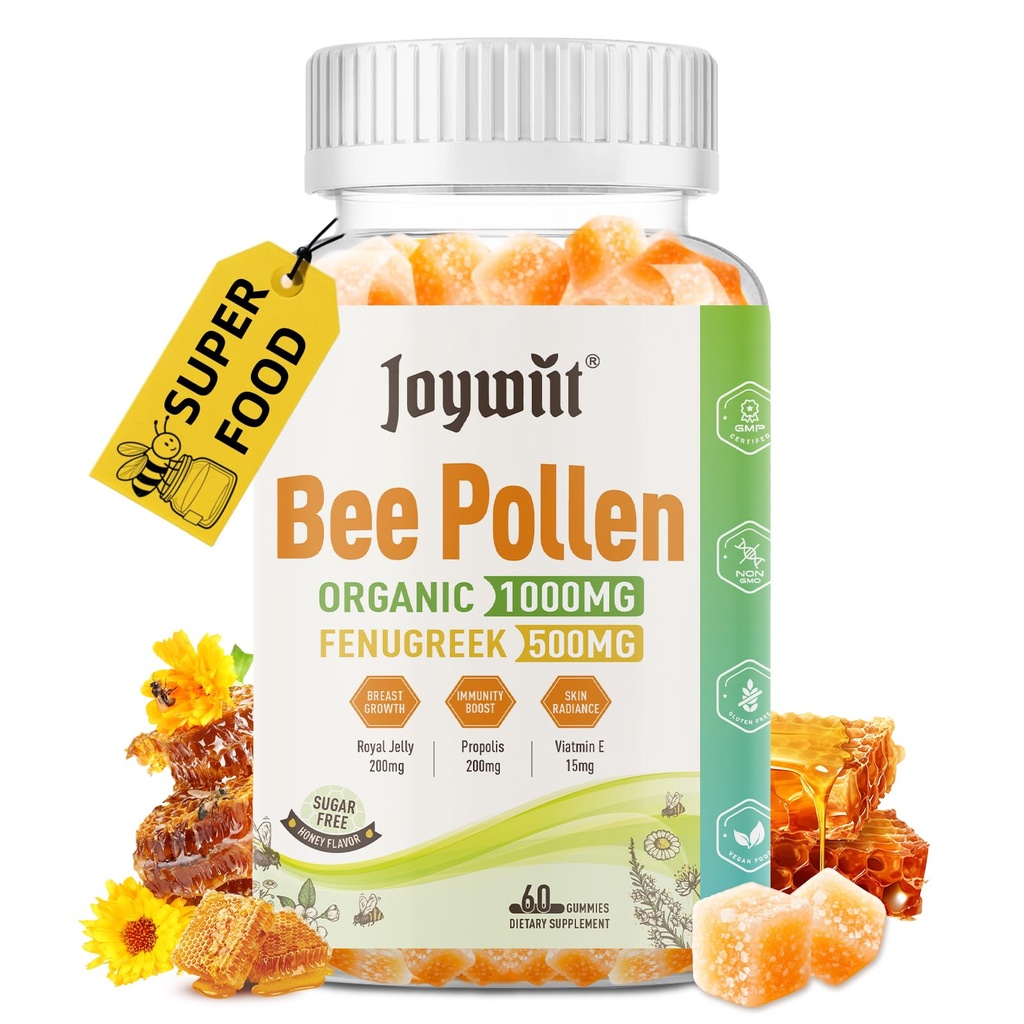Bee Pollen 1000mg Sugar Free Gumies, w/Fenugreek, Royal Jelly, Propolis, Organic Bee Pollen Žvečilni dodatek za ženske, bogata z vitaminom E, imuniteto in nego kože, 60 grofov