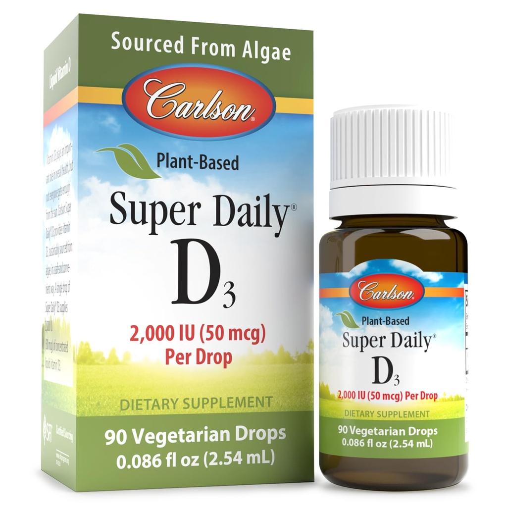 Carlson - na rastlinah temelječi super dnevni D3 2000 i.e. (50 μg) na kapljico, vegetarijanske kapljice vitamina D, tekoči vitamin D3, pridobljene iz alg, brez arome, 90 kapljic (2,54 ml)