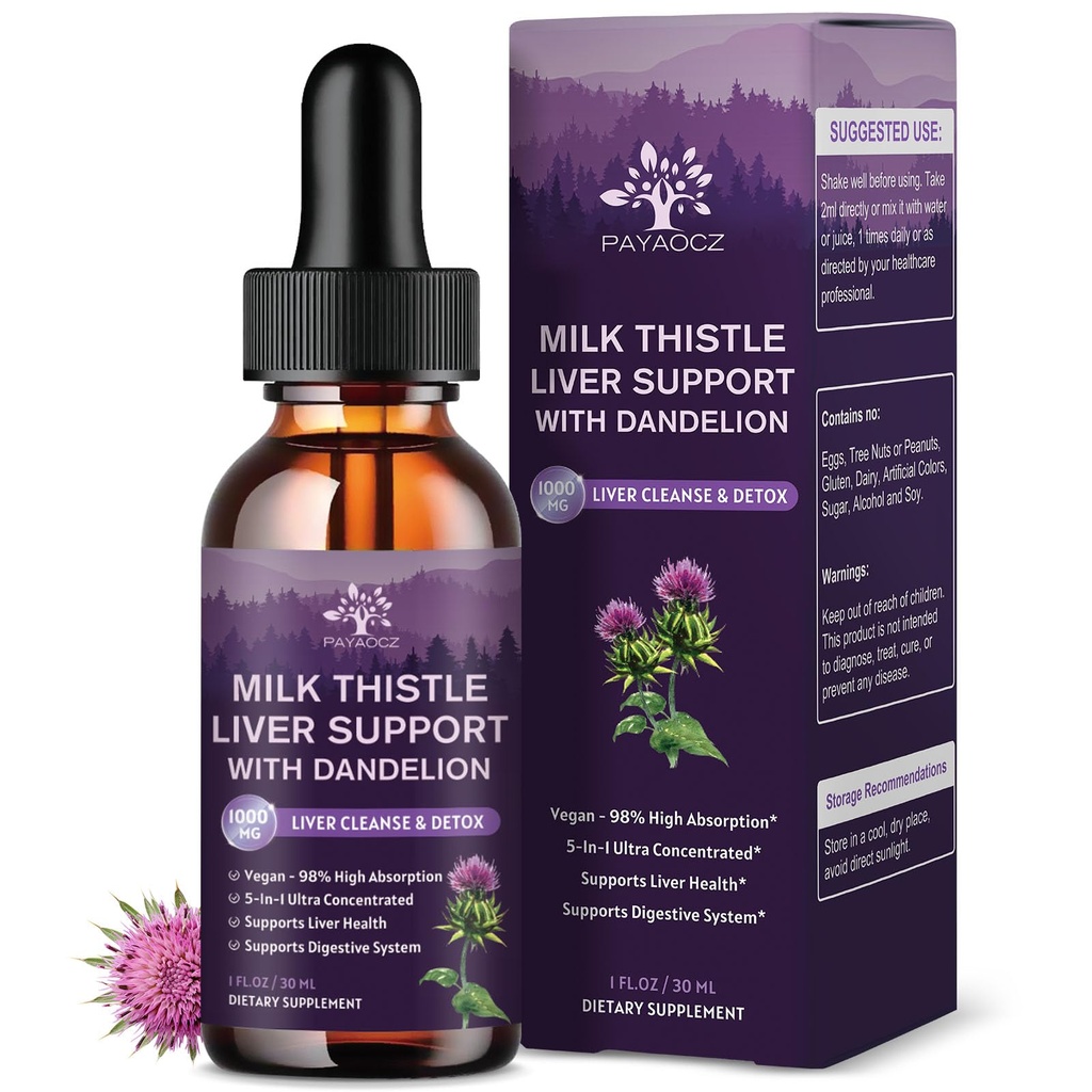 (2 Pack) Mleko Thistle Tekoče kapljice Silymarin 1000mg, Jetra dodatek Detox & čiščenje z Dandelion & Artichoke, Mleko Thistle Organski ekstrakt za podporo Popravila zdravja jeter, Vegan, Non-GMO, 1 Fl Oz