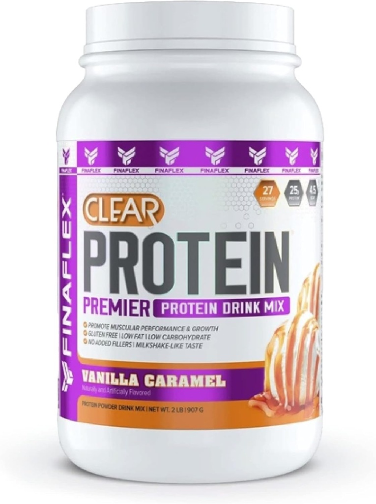FINAFLEX Clear Protein, Vanilla Caramel - 2 lb - Spodbuja mišično zmogljivost in rast - Milkshake- like okusa - Nizka vsebnost ogljikovih hidratov, nizka vsebnost maščob in gluten brezplačno - 27 Serving