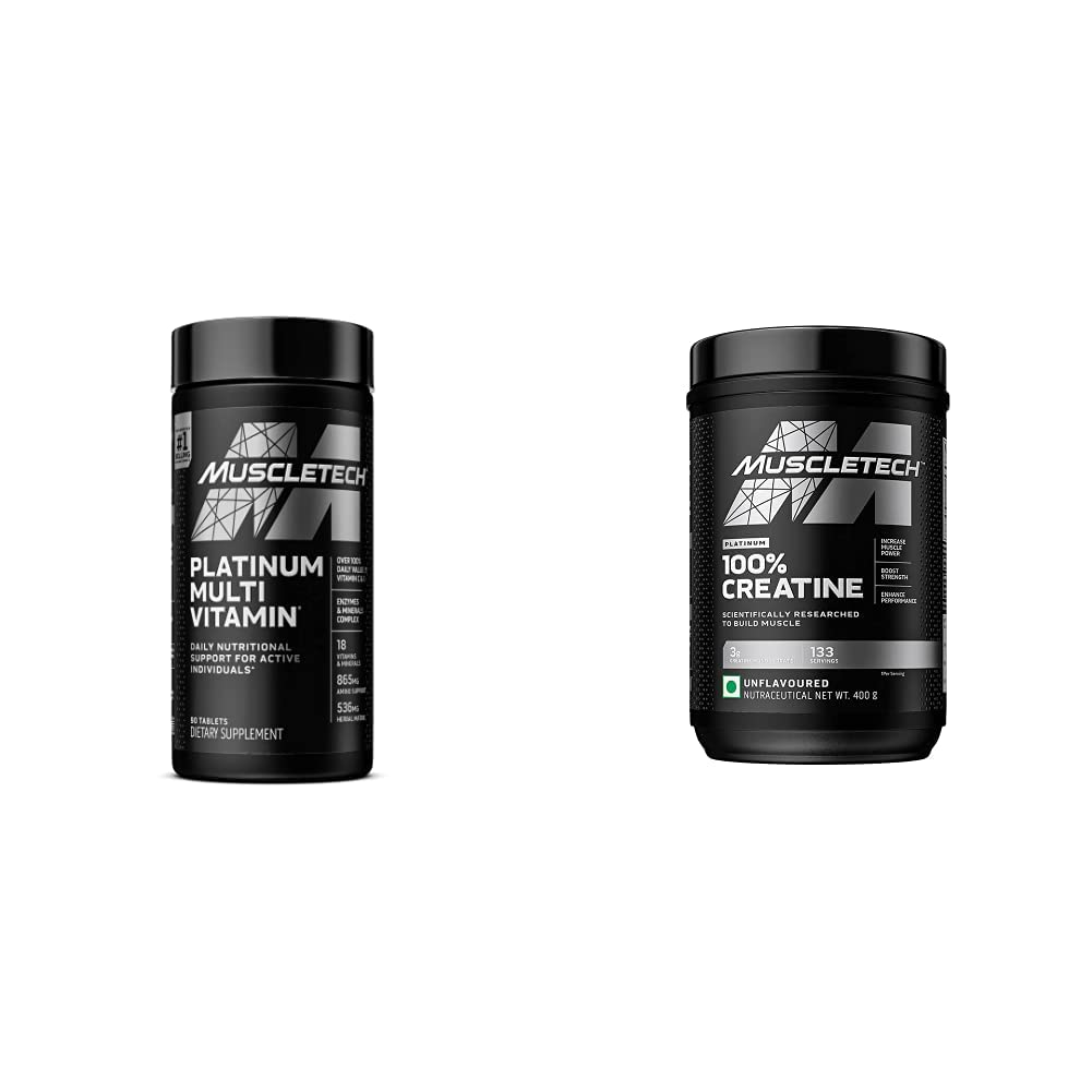 MuscleTech Kreatin monohidrat v prahu Platinum Pure Micronized Muscle Recovery + Graditelj & Platinum multivitamin za podporo imunskega sistema 18 Vitamini in minerali