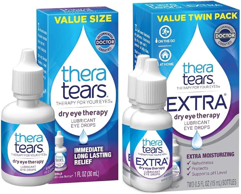 TheraTears suhe očesne terapije kapljice za oči za suhe oči, 1.0 Fl Oz & ekstra suhe očesne terapije Lubrikativne kapljice za oči za suhe oči, 0.5 fl oz Steklenica, 2 Count(Pack po 1)