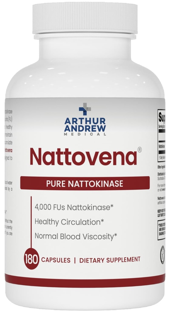 Arthur Andrew Medical, Nattovena, Pure Nattokinase Supplement, Dvojna moč 4.000 FU na kapsulo, 180