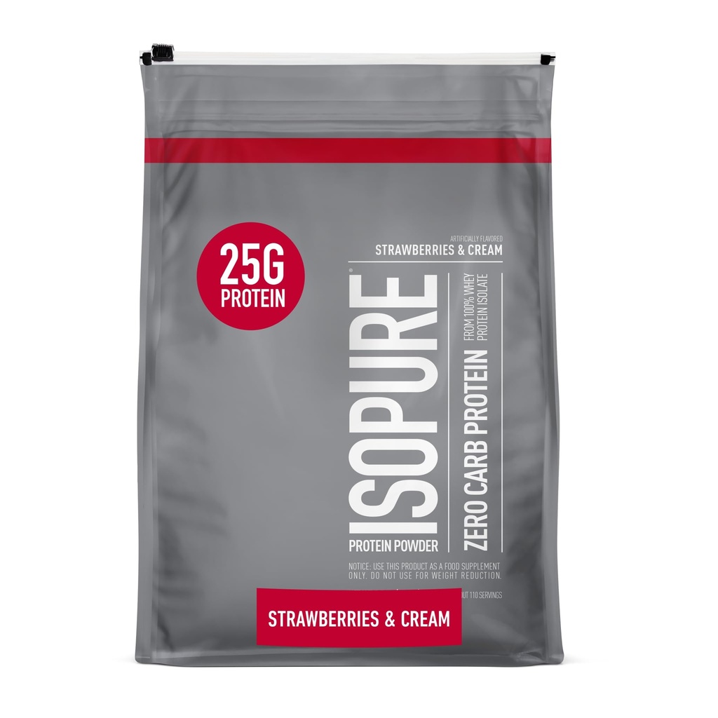 Izopura Zero Carb 100% čisti sirotkini izolati beljakovin v prahu, laktoza brez glutena, z vitamini, jagodami in kremo, 25g beljakovin na serviranje, 7,5 LBs, 110 serviranja (Packaging May Vary)