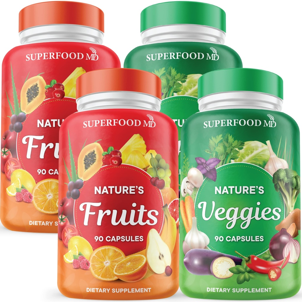Superfood 180 Sadje in 180 Veggie kapsule - Cela hrana naravna Superživila - ohraniti raven energije, z Aloe Vera - Soy brezplačno (90 Število (Pack od 4)