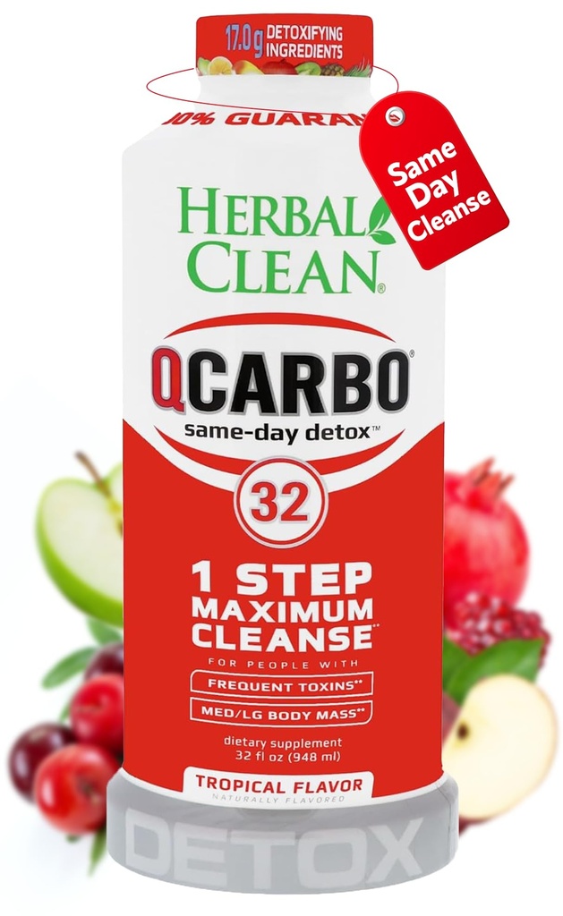 Herbal Clean Qkarbo32 Isti dan Detox Cleanse Drink (32 fl oz) - Tropical Flavor Polno telesno čiščenje* Detox Drink za zmerno raven toksina*, vitamin B2 in vitamin B12 za moške in ženske