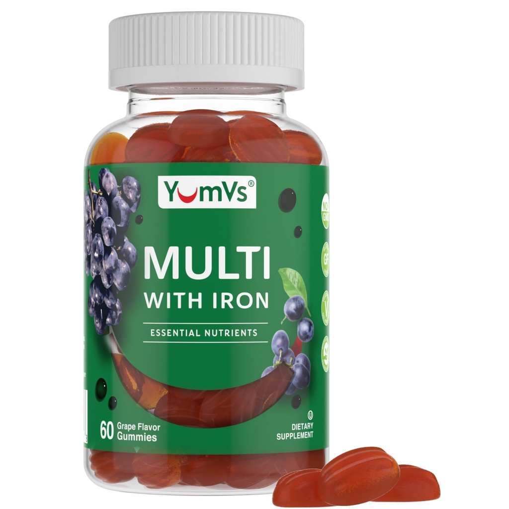 YUM-V's Iron Gummies - Multivitaminski železov dodatek z vitaminom C, A, B & cink, podpira kisik v krvi, Veganske dodatke za ženske, moške in otroke za rast in razvoj - grozdni okus 