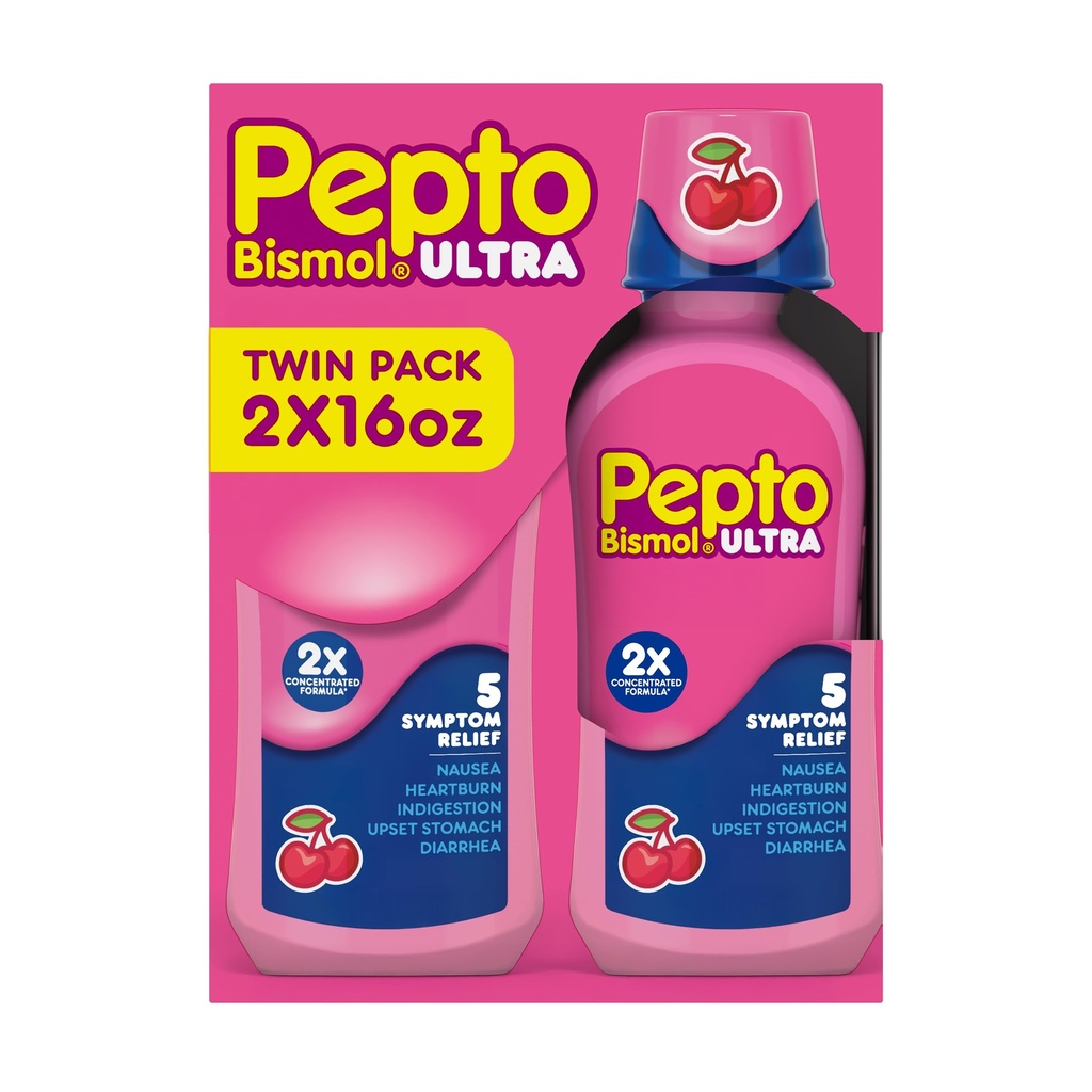 Pepto Bismol Tekoča Ultra za slabost, zgago, prebavne motnje, vznemirjen želodec in diarejo - 5 Symptom hitro lajšanje, češnjeva aroma 12 oz (Pack po 3)