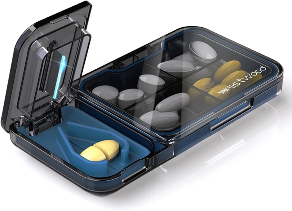 Potovalne tablete Organizator z tablete Cutter Splitter, 4 Kompartmenti tablete Primer, majhne tablete Škatla za žepno torbico, Dnevne tablete vsebnik za zadrževanje vitamini Cod Jetrna olja dopolnila, Medicine Planner (črna)