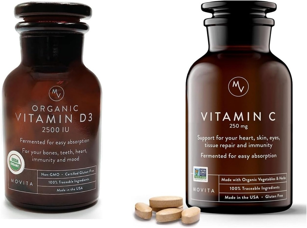 Movita Organic Vitamin D3 2500IU, steklenica Fermentirani Vitamin C 250mg steklenica