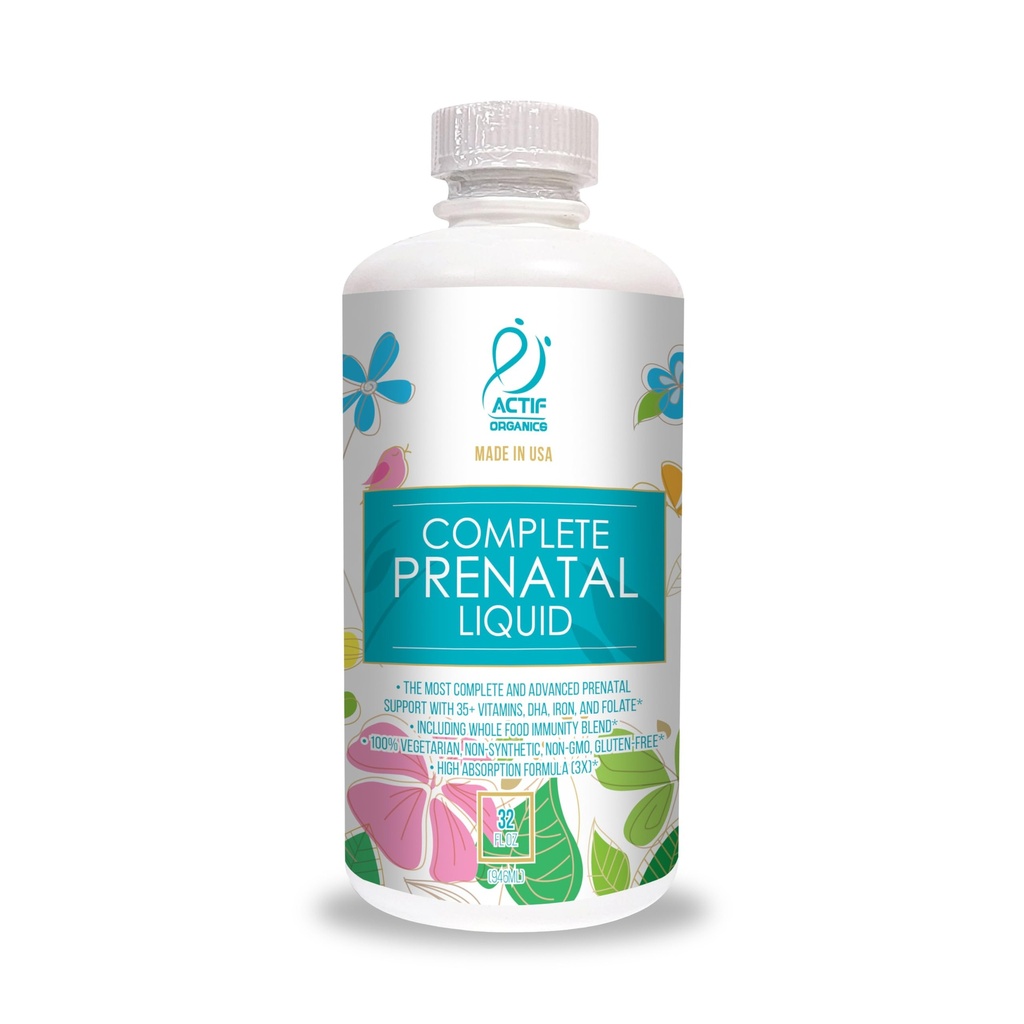 ACTIF Organska popolna prednatalna tekočina s 35+ vitamini in organskimi zelišči, z DHA in holinom, Non-GMO, Made in USA, 32oz