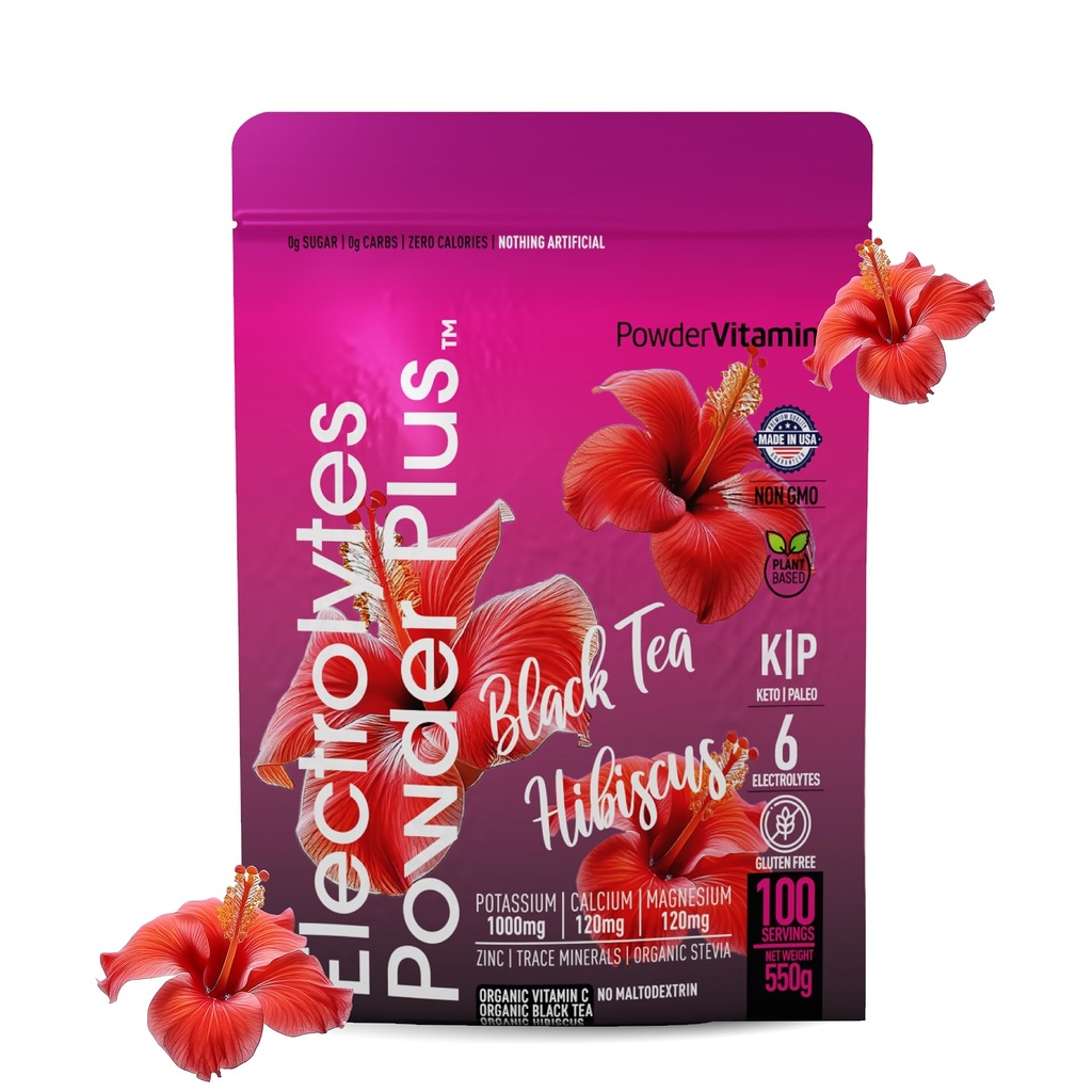 PrašekVitamin Elektroliti v prahu Plus (100 strežnikov) Črni čaj Hibiscus Elektrolit v prahu Keto, brez sladkorja, roza himalajska sol, 1000mg kalij, 120mg kalcij, 120mg magnezij, hidracija v prahu