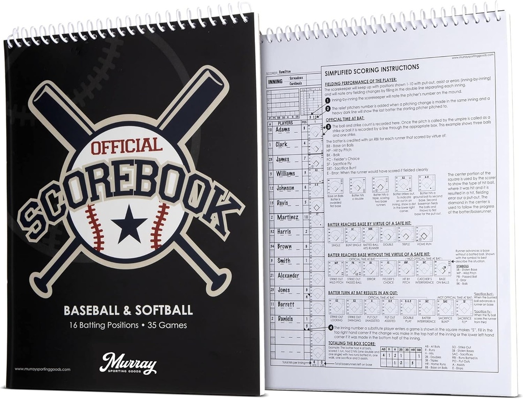 Murray Sporting Goods Baseball & Softball Scorebook - 35 Games Score Book - Score vodenje knjige za statistiko - Odrasli, mladi, Mala liga baseball softball Scorebook za gledalce
