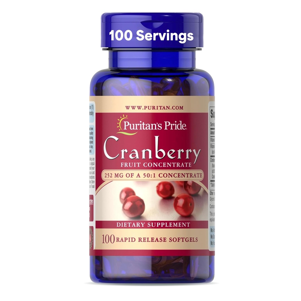 Puritan's Pride Premium Cranberry Fruit Concentrat 252mg (12,600mg ekvivalentno) z vitamini C in E, prehranski dodatek za podporo imunskega sistema, 100 hitro sproščanje softgels