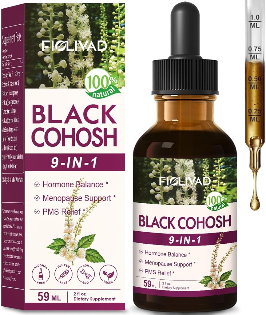 100% naravne zeliščne kapljice, Black Cohosh Extract za Hormone Balance, Menopause Podpora & PMS Relief. 2oz