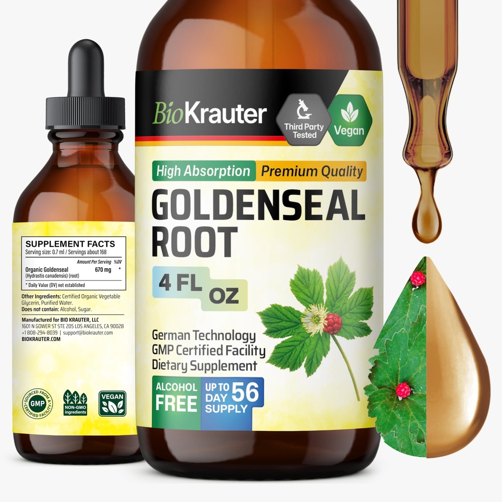 BIO KRAUTER Goldenseal Tinkture - Vegan Lung Cleanse & Detox - Golden Seal Herb Supplement - Alkohol in sladkor brez kapljic - 4 Fl.Oz.