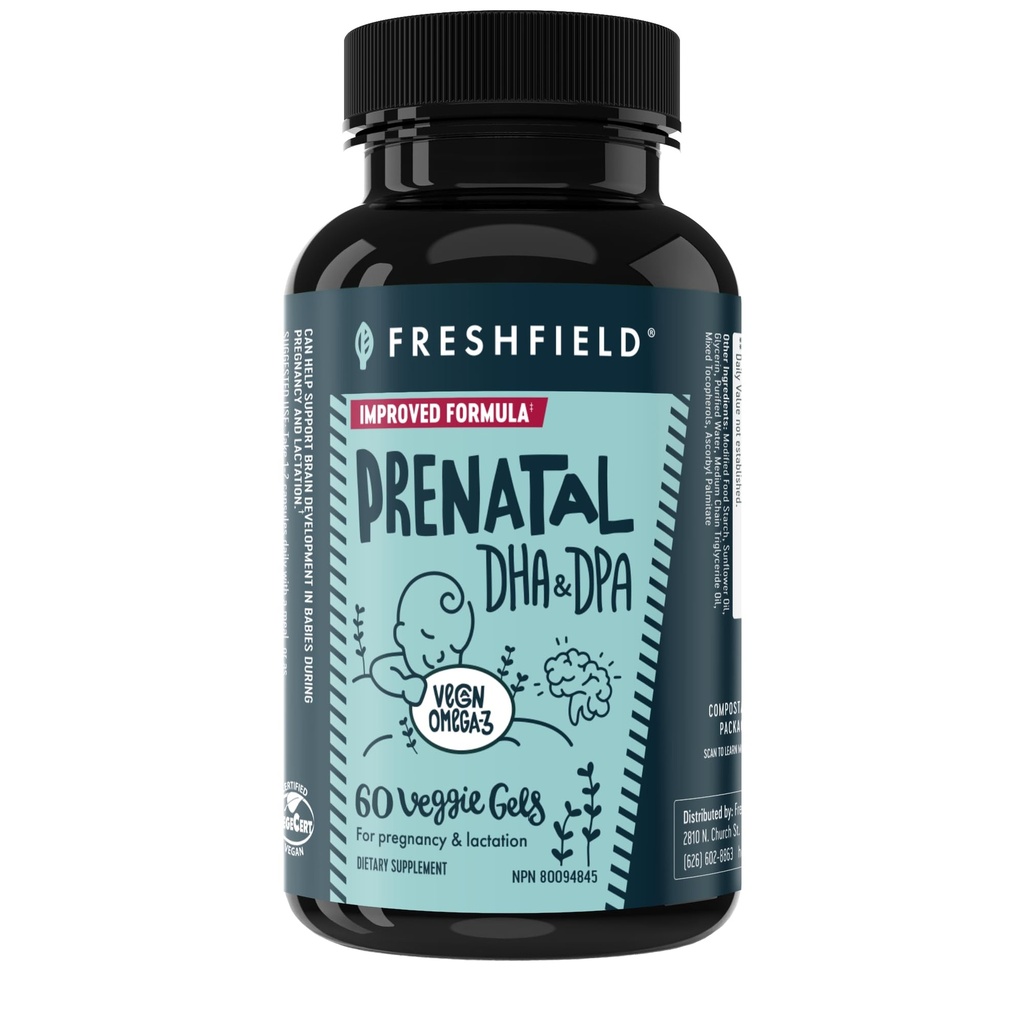 Freshfield Prednatal Vegan Omega 3 DHA: Trajnostni, Carragenan Free, Tretja stranka Tested, Compostable Steel, Carbon Nevtral. Podpira srce, možgane, skupno zdravje w/DPA