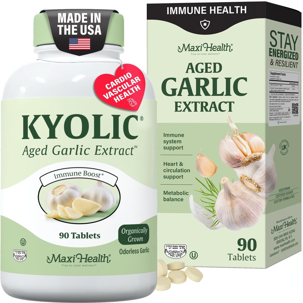 Maxi Health Kyolic Organic Česen dodatek - Kosher Česen Tablete s Kyolic stari česen ekstrakt za imuno podporo - Vegetarijanske česen tablete (90 število)