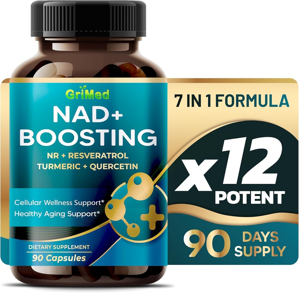 Grimed NAD + povečanje 16,550mg- x12 Moč z NR + Resveratrol Turmeric + Quercetin - Celična energija, celična popravila, zdravo staranje - ZDA Made & Tested (90 Count (Pack of 1))