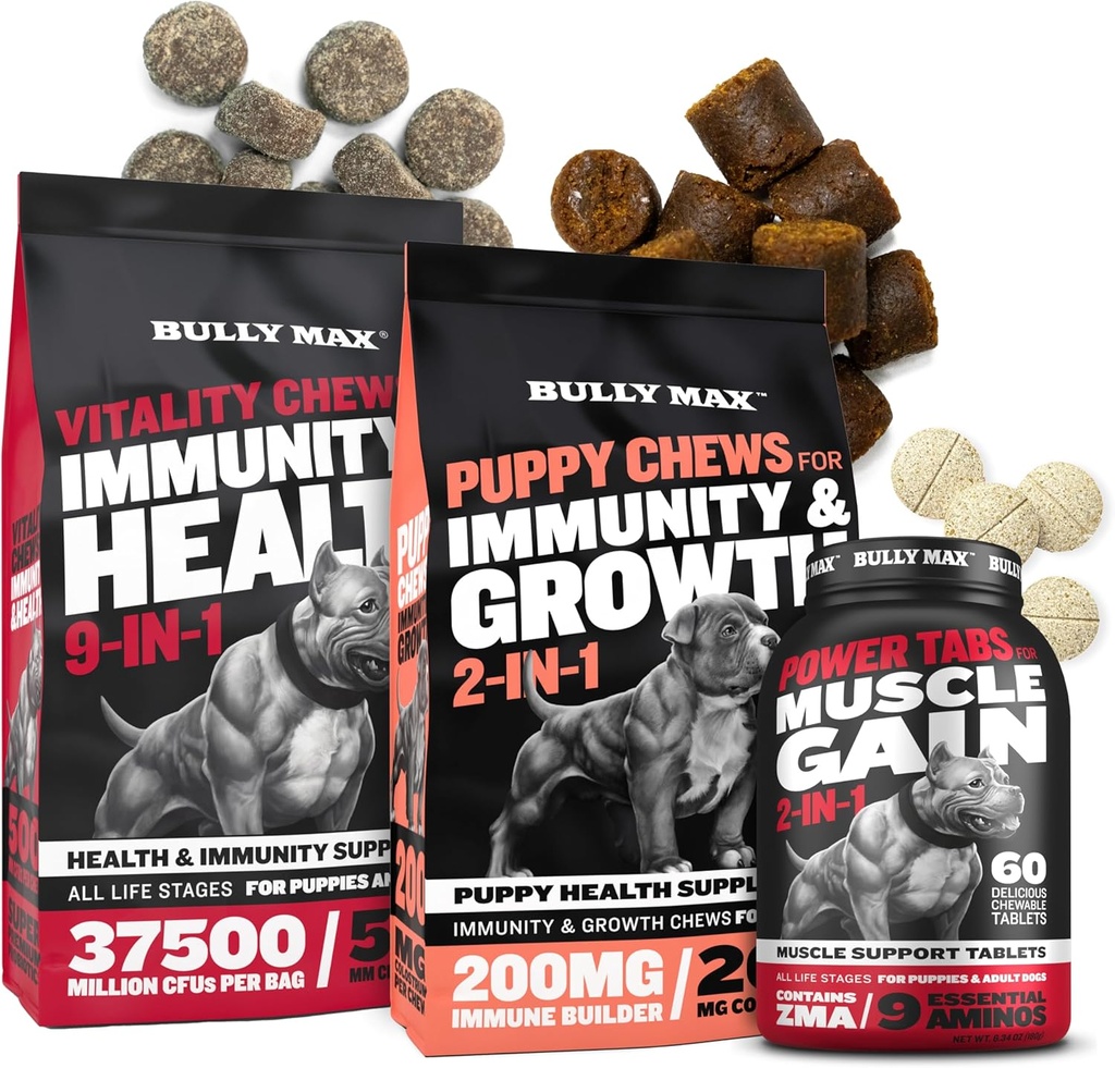 Bully Max Dog Vitality Chews, Muscle Builder Tabs (60 tablet) & Puppy Chews Bundle – Dnevni pasji dodatki za podporo mišic, imunskega zdravja in popolno prehrano za kužki, odrasli, in starejši