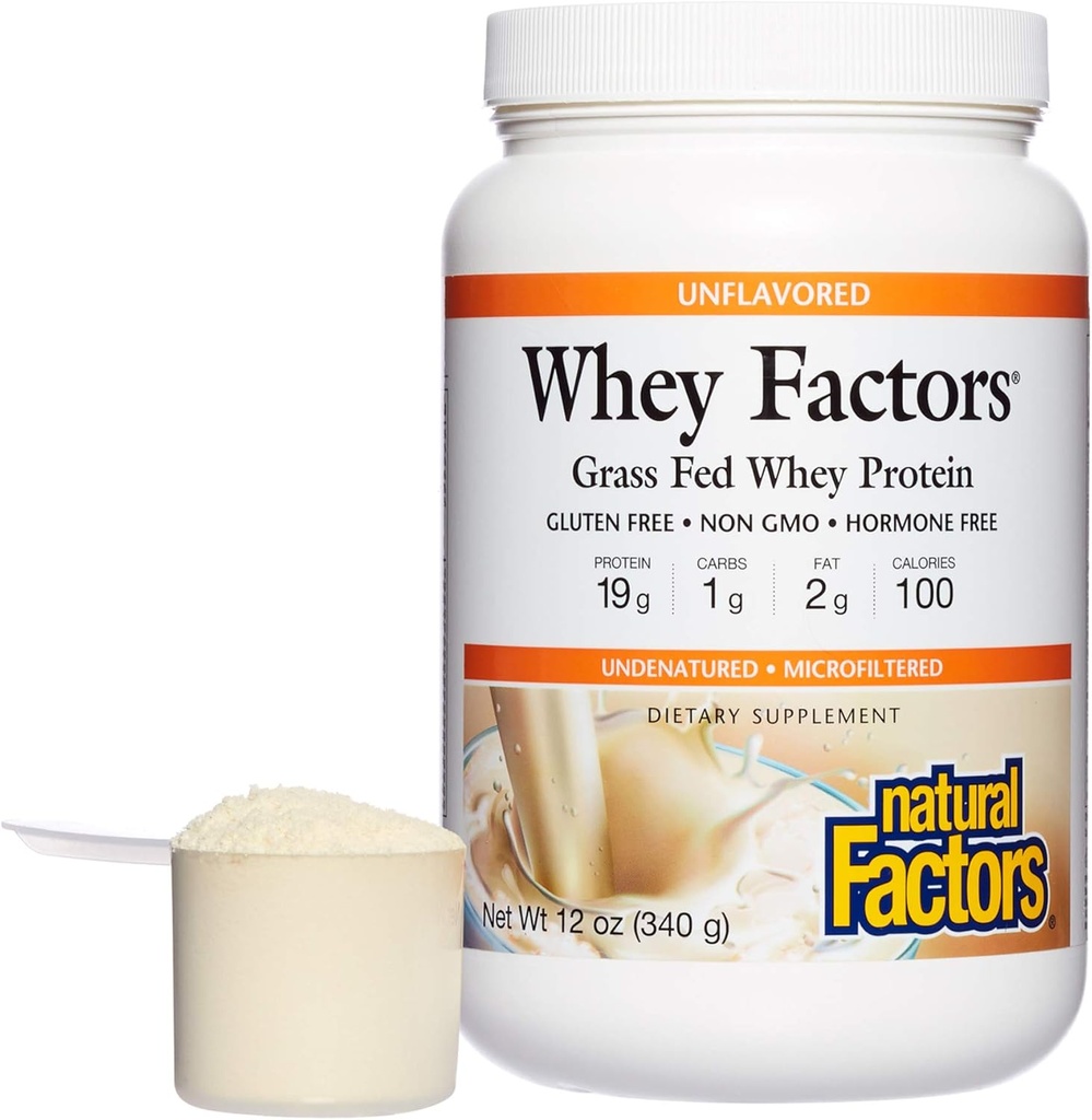 Whey Factors by Natural Factors, Grass Fed Whey Protein Concentrat, Aids Muscle Development and Imune Health, Unflavored, 12 Oz