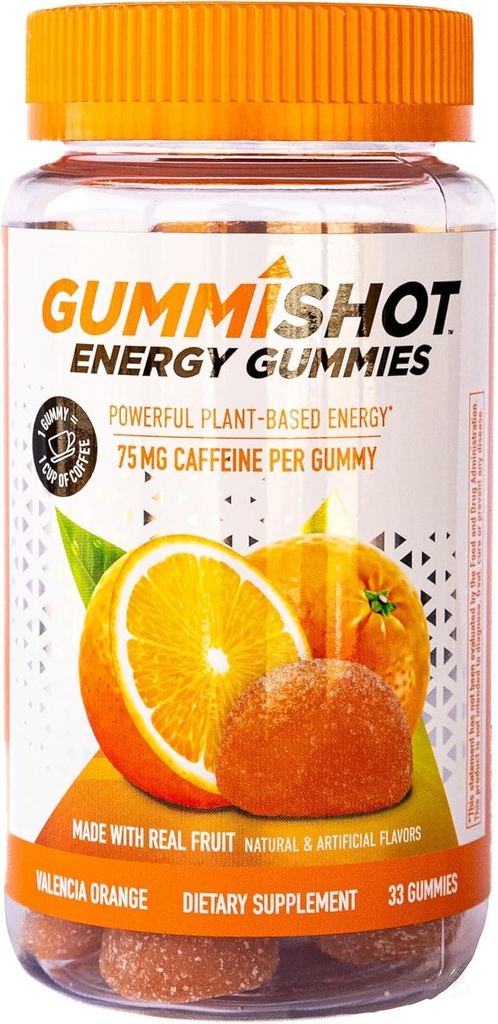 GummiShot Energy Gummies, 2475mg kofeinske žvečilke na steklenico, dolgotrajni energijski ojačevalci, Valencia Orange (33ct)