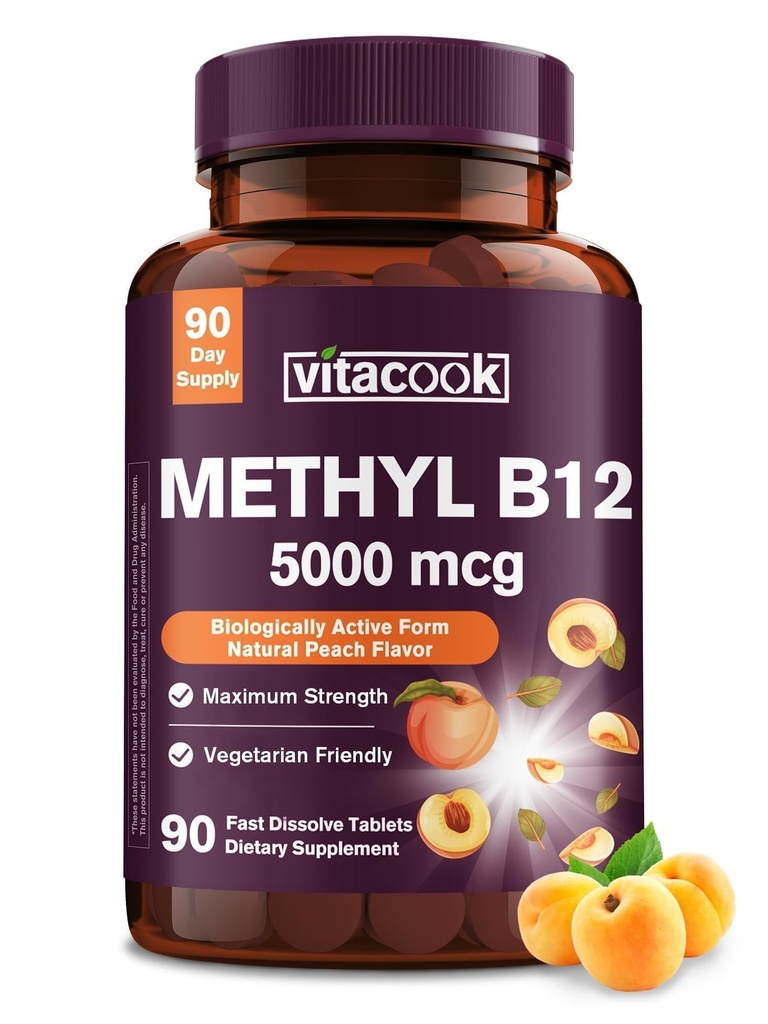 Vitamin B12 Sublingual, Methylcobalamin 5000mcg for Energy Production, Energy, Nerve & Cell Support, Natural Peach Flavor, Vegan, Zero Sugar, 90 Fast Dissolve Tablets