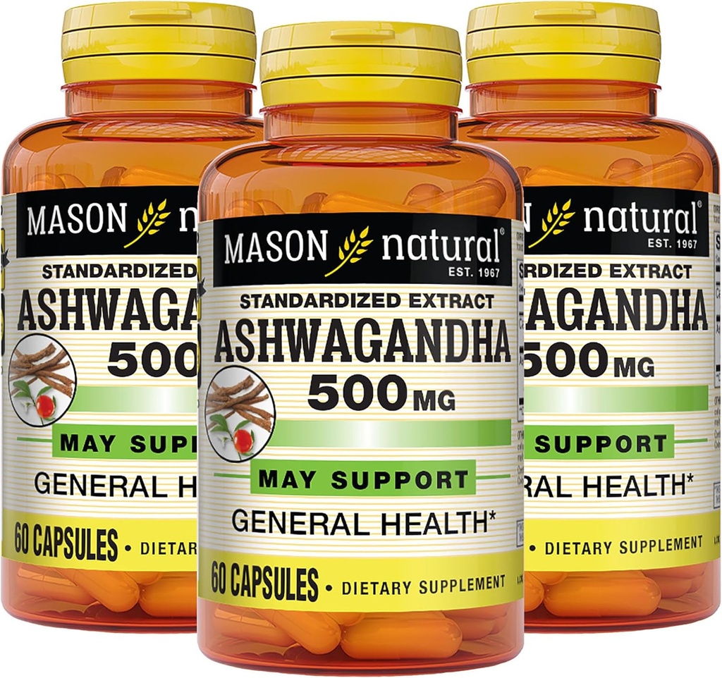 MASON NARAVNI Ashwagandha 500 mg, Adaptogen za stres in energetsko podporo, Zeliščni dodatek, 180 dnevna dobava