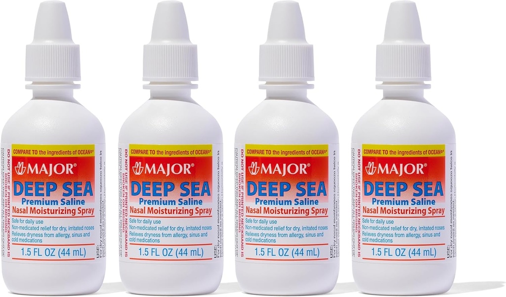 MAJOR Deep Sea Premium Saline - Nazalni vlažilni razpršilec za suhost in razdražljivost - natrijev klorid 0,65% - 1,5 Fl. Oz (4 paket)
