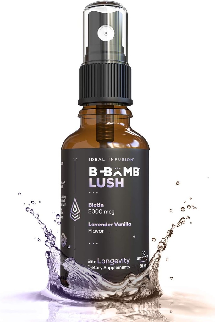 Idealna infuzija B-Bomb Lush Biotin tekoči sprej: organska sivka Vanilla - 5000mcg, rast las Vitamin za debelino in volumen - zdravje kože, močnejši nohti, Keto, Vegan